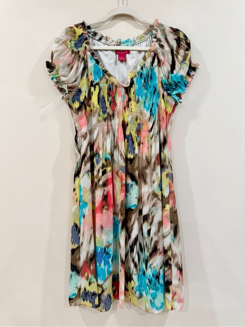 Sunny Leigh Cottage Watercolor Print Smocked Ruffle Dress Y2K Size L